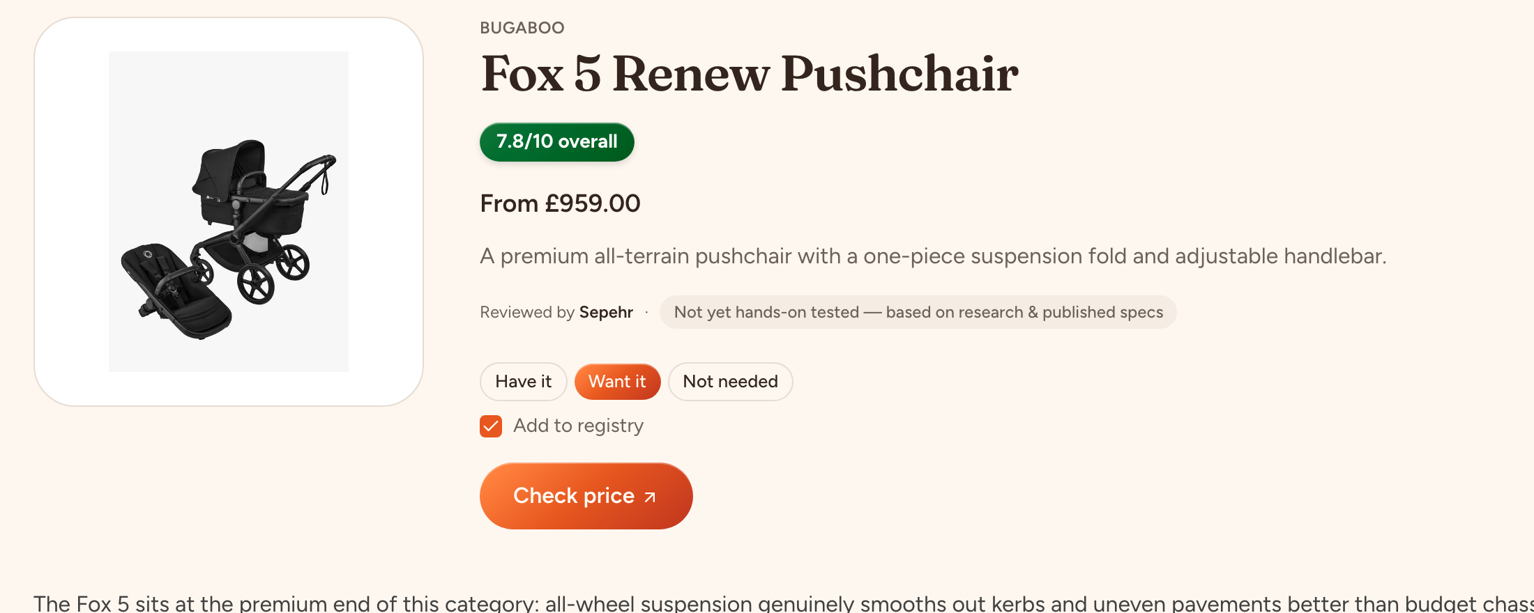 A product review page with the same Have it, Want it, Not needed buttons and an Add to registry checkbox
