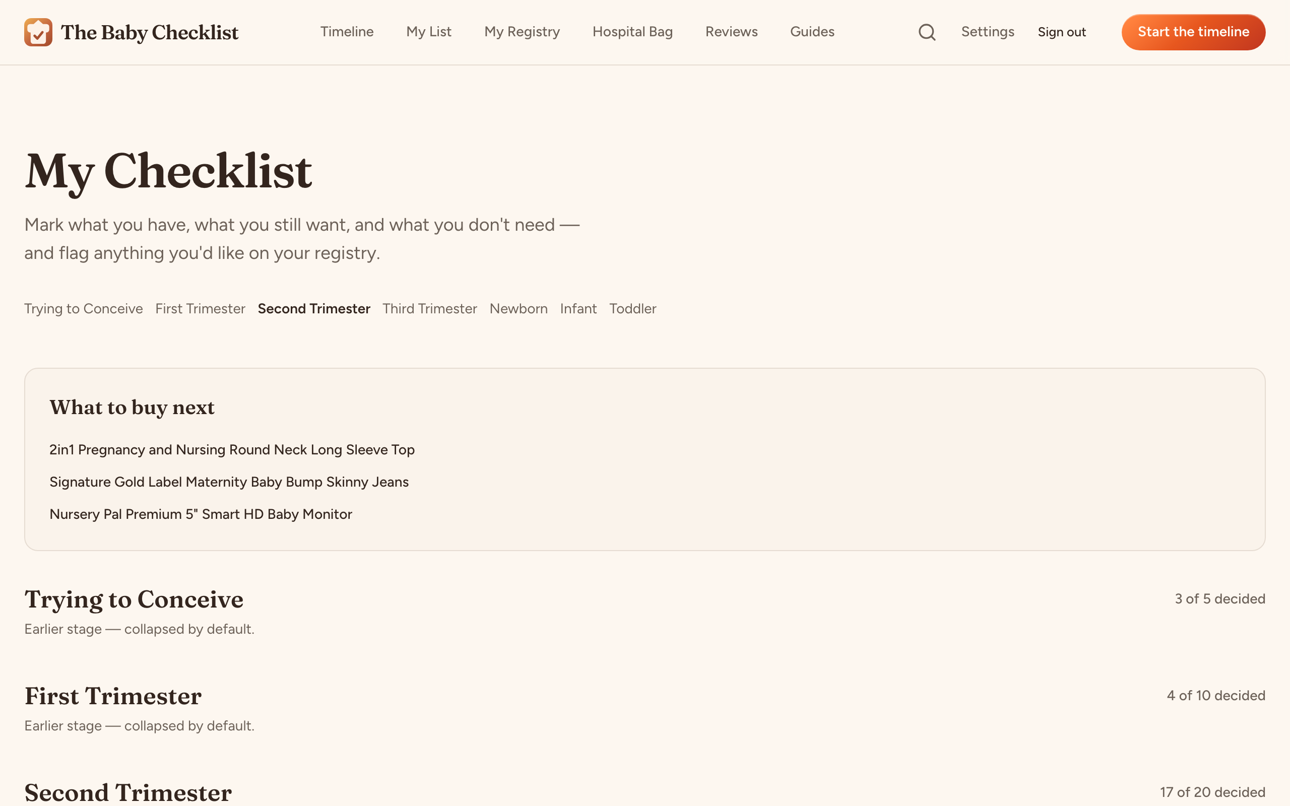The Baby Checklist My List page showing the Second Trimester stage open, earlier stages collapsed, and a What to buy next module