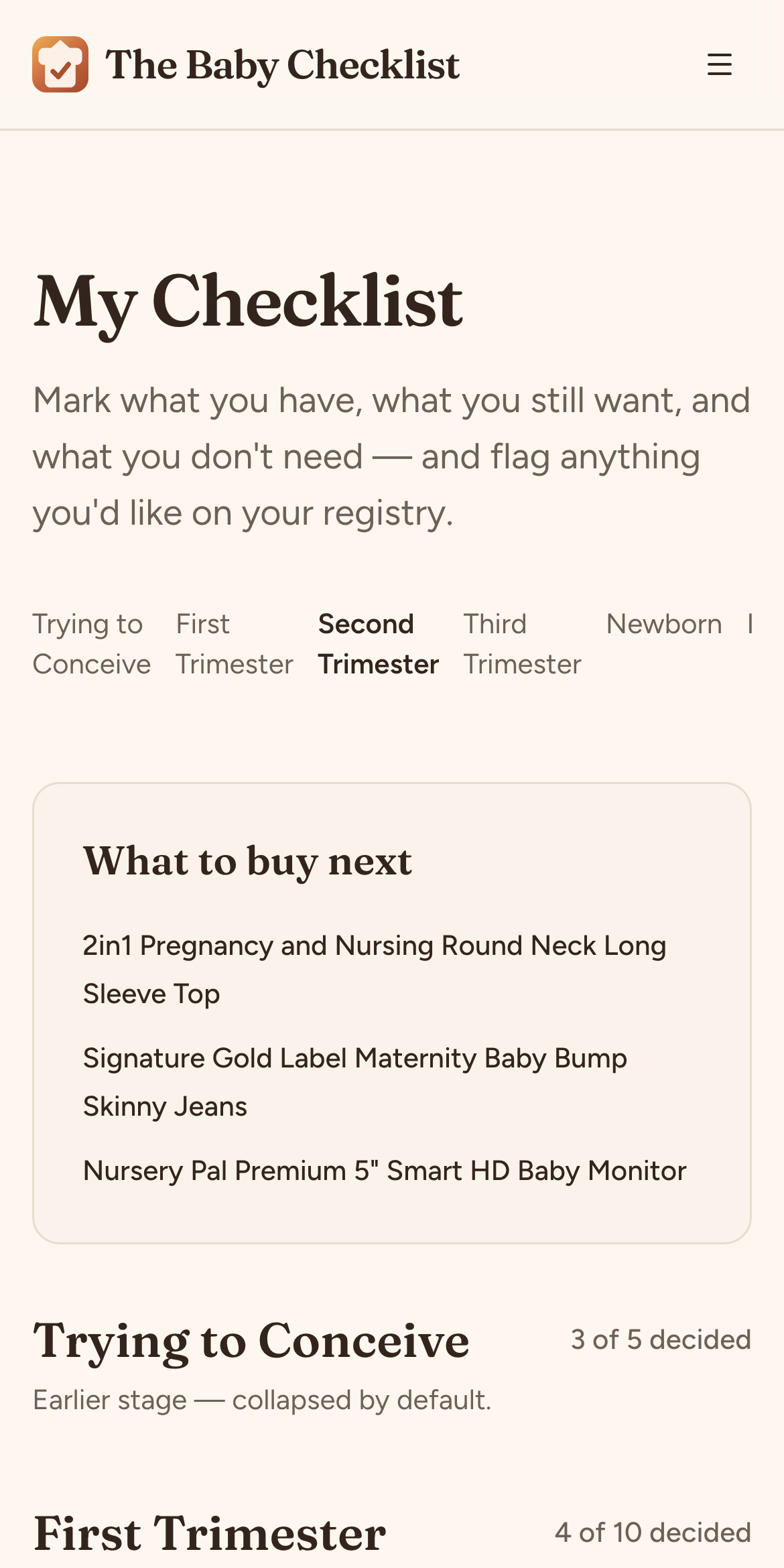 My List on a phone, showing the current stage and a What to buy next module
