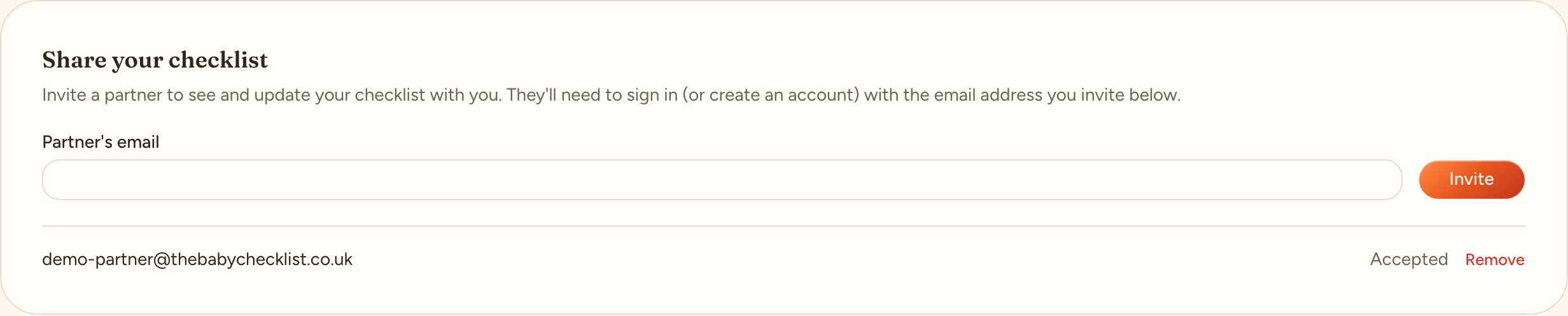 Settings page section for inviting a partner to share the same checklist, with one partner already accepted