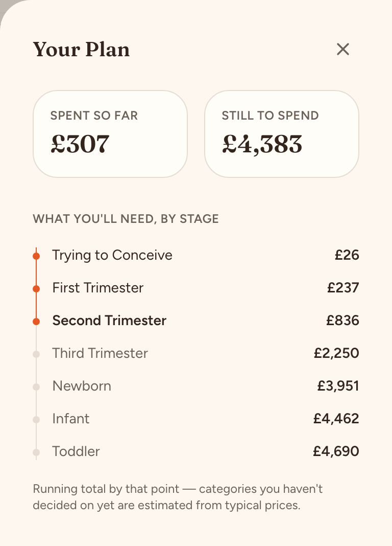 The Your Plan drawer showing money spent so far, still to spend, and a running total for each stage