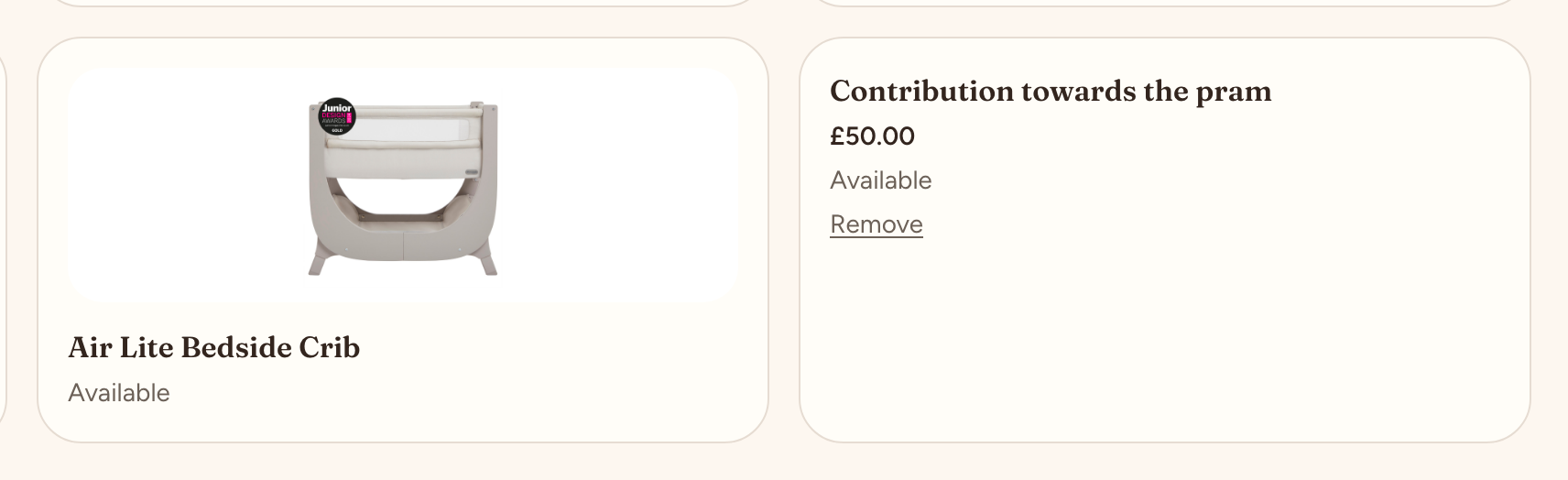 A custom registry item, Contribution towards the pram, shown alongside a reviewed product