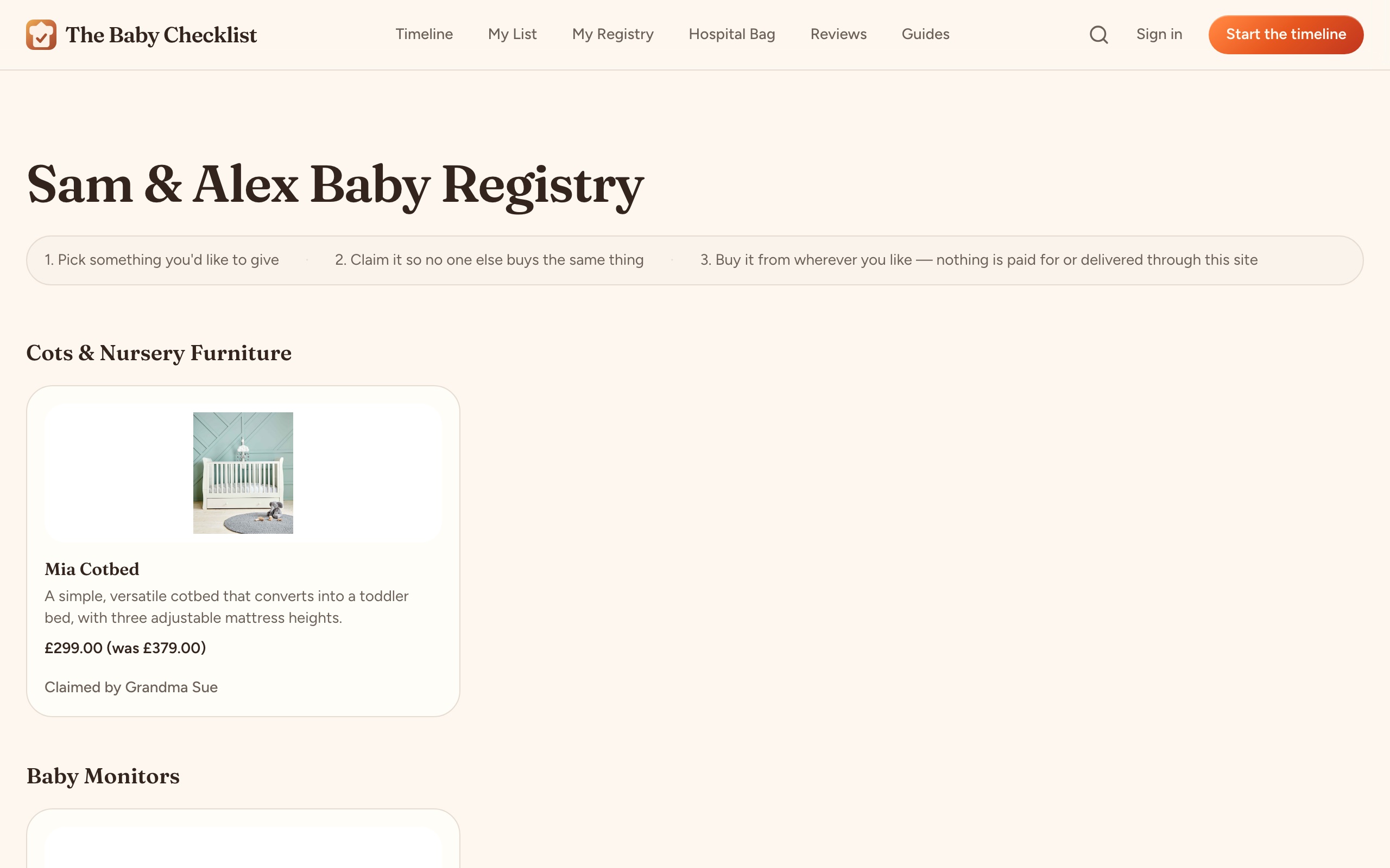 A shared baby registry as guests see it: items grouped by category with Claim this buttons and some already claimed