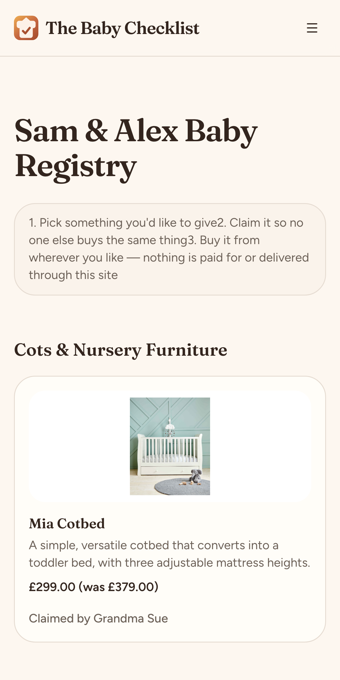 A baby registry on a phone with Claim this buttons
