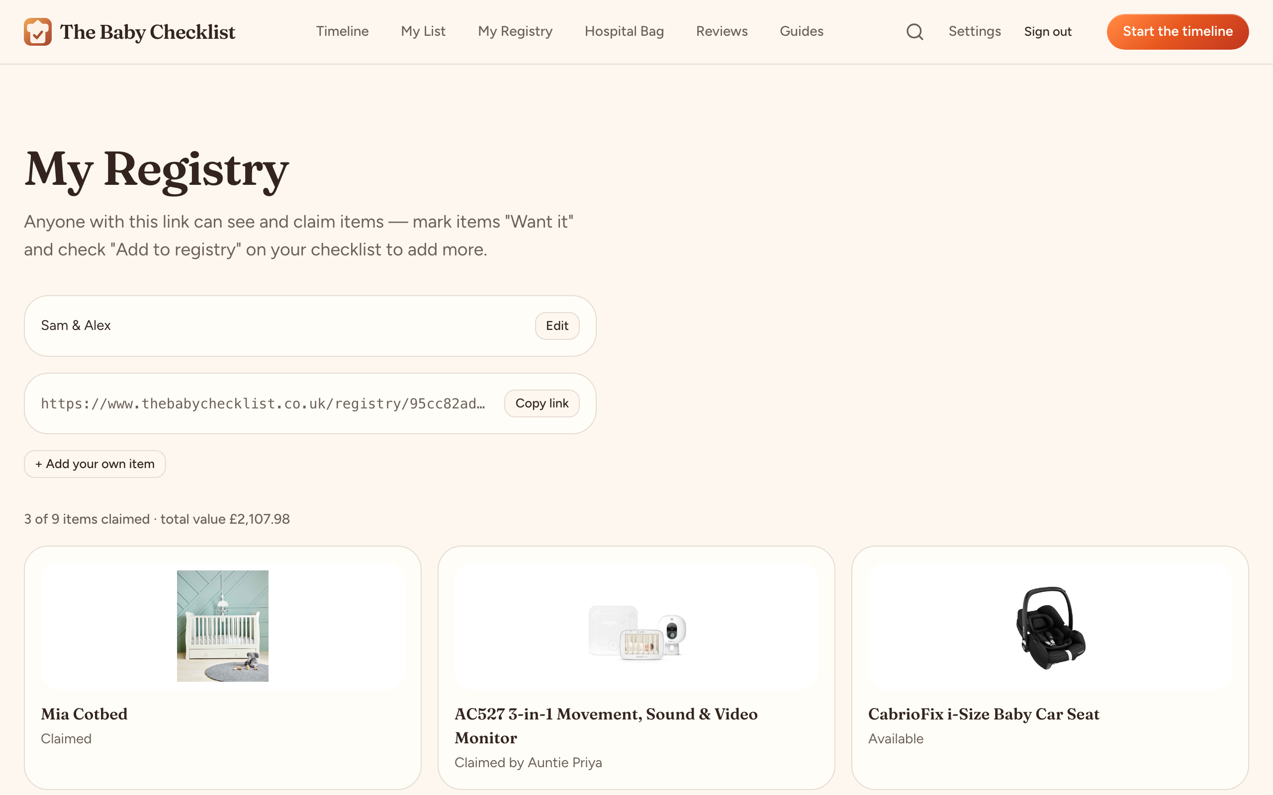 The registry owner’s view with a shareable link, a custom item form, and a claimed-items summary